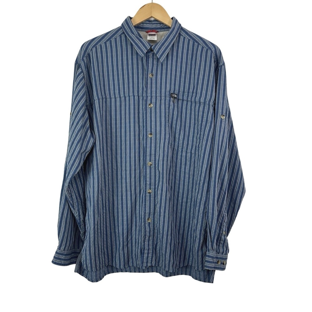 The North Face Button Up Shirt Mens XL Blue Striped Long Sleeve Pocket Camp Hike